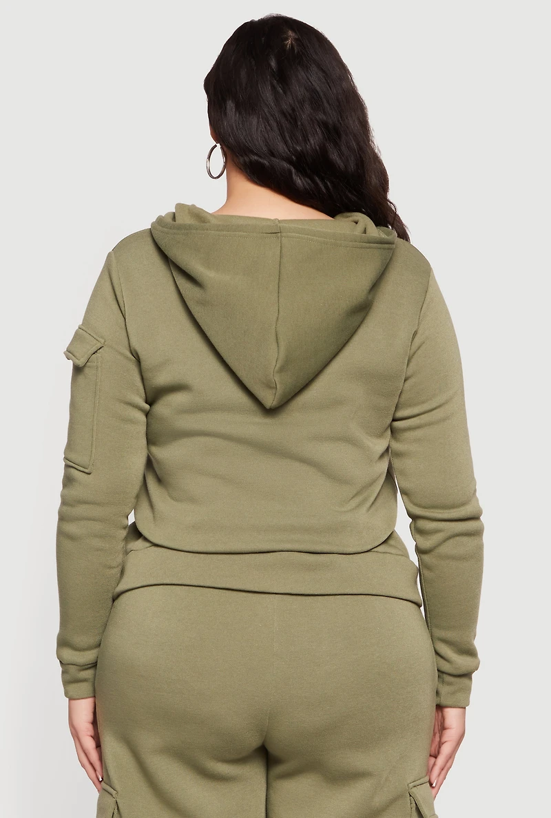Womens Plus Size Long Sleeve Zip Front Hoodie with Cargo Pocket, Green, Size 1X