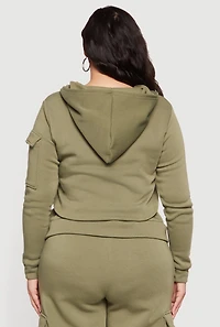 Womens Plus Size Long Sleeve Zip Front Hoodie with Cargo Pocket, Green, Size 1X