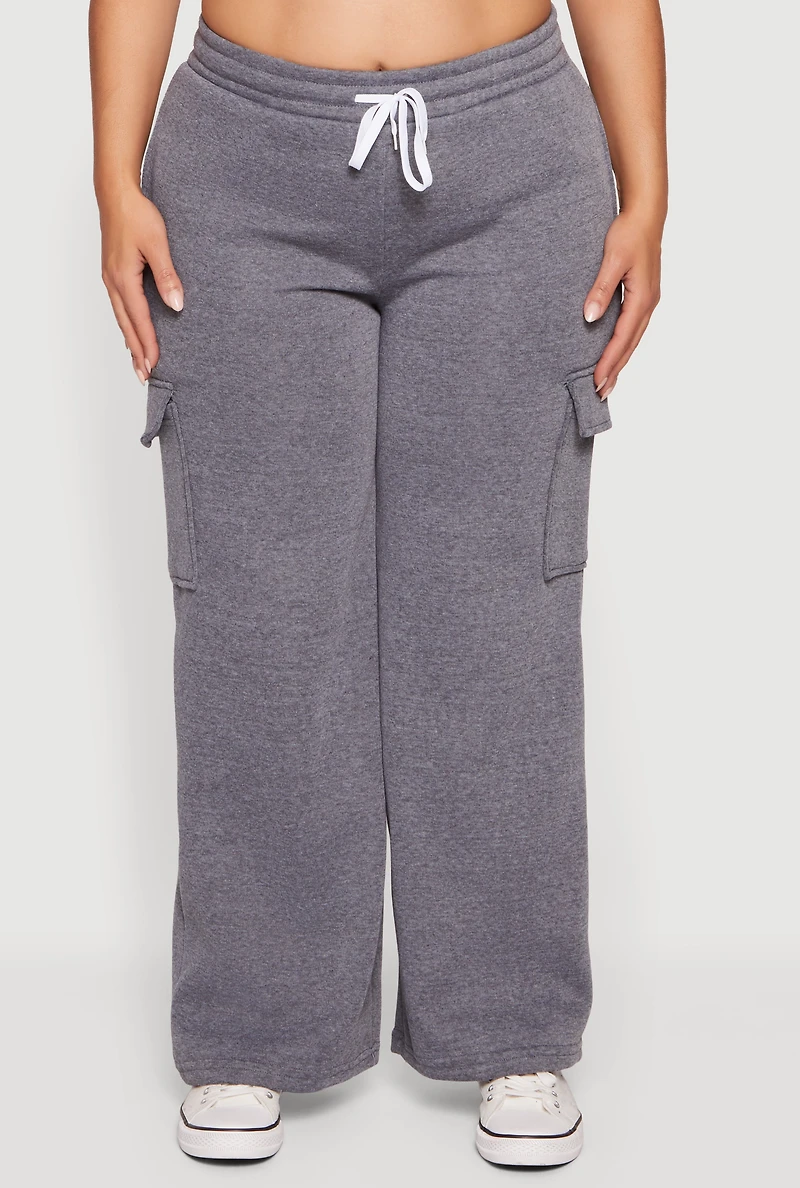 Womens Plus Drawstring Waist Cargo Sweatpants, Grey,