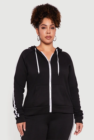 Womens Plus Zip Front Hoodie with Varsity Stripe Detail,