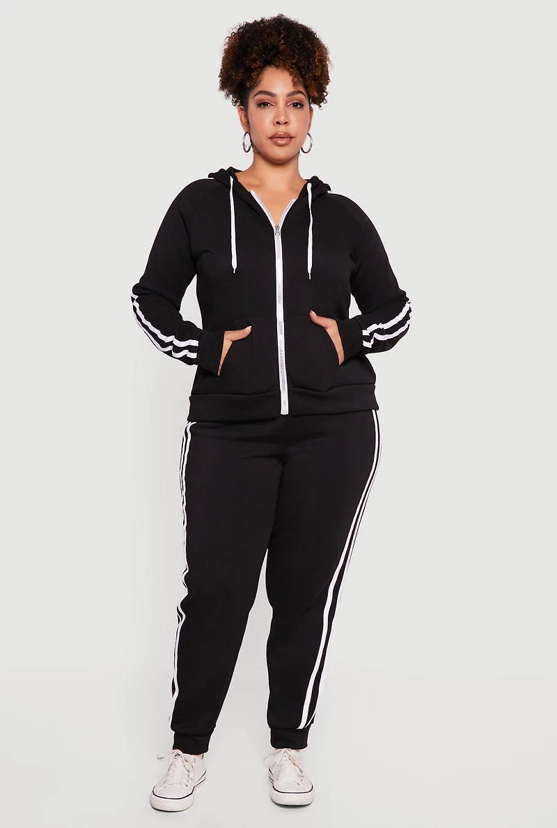 Womens Plus Size Zip Front Hoodie with Varsity Stripe Detail, Black, Size 2X