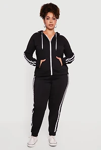 Womens Plus Size Zip Front Hoodie with Varsity Stripe Detail, Black, Size 2X