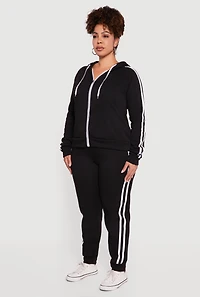 Womens Plus Size Zip Front Hoodie with Varsity Stripe Detail, Black, Size 2X
