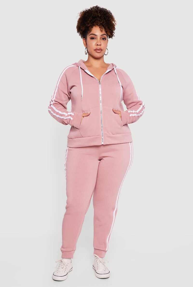 Plus Zip Front Hoodie with Varsity Stripe Detail