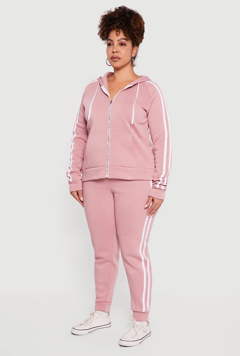 Plus Zip Front Hoodie with Varsity Stripe Detail