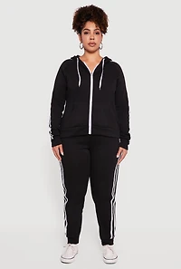 Womens Plus Size High Waisted Joggers with Varsity Stripe Detail, Black, Size 2X