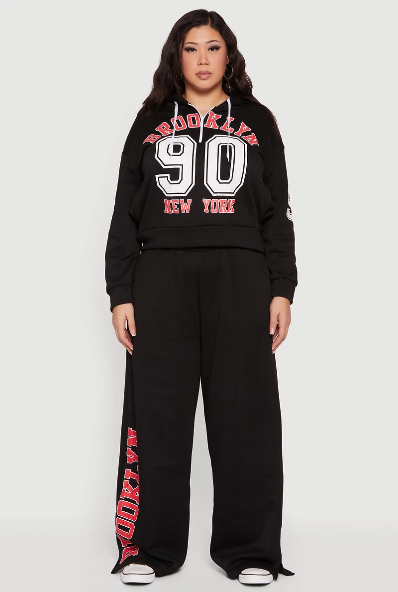 Womens Plus Size High Waisted Wide Leg Brooklyn Graphic Sweatpants, Black, Size 4X
