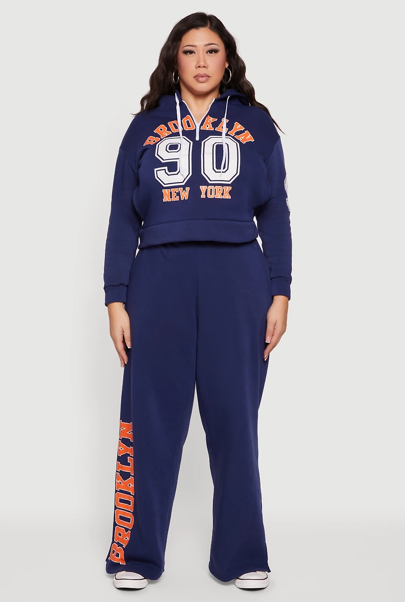 Womens Plus High Waisted Wide Leg Brooklyn Graphic Sweatpants, 1X