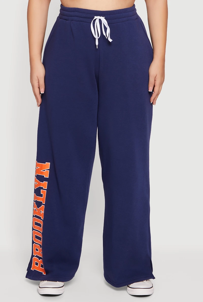 Womens Plus High Waisted Wide Leg Brooklyn Graphic Sweatpants, 1X