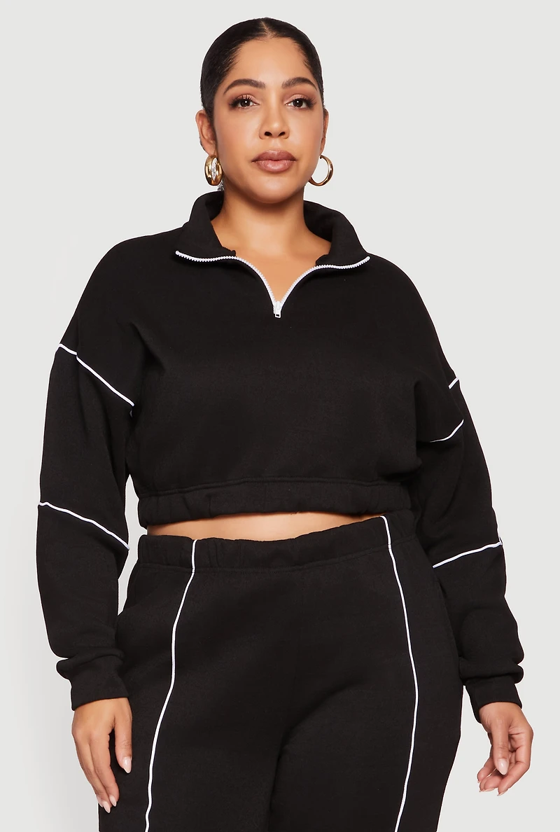 Womens Plus Size Cropped Zip Front Drop Shoulder Sweatshirt, Black, Size 4X