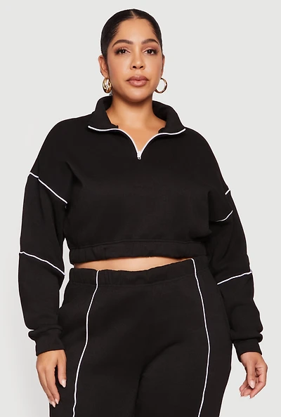 Womens Plus Size Cropped Zip Front Drop Shoulder Sweatshirt, Black, Size 4X