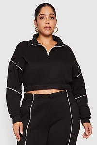 Womens Plus Size Cropped Zip Front Drop Shoulder Sweatshirt, Black, Size 4X
