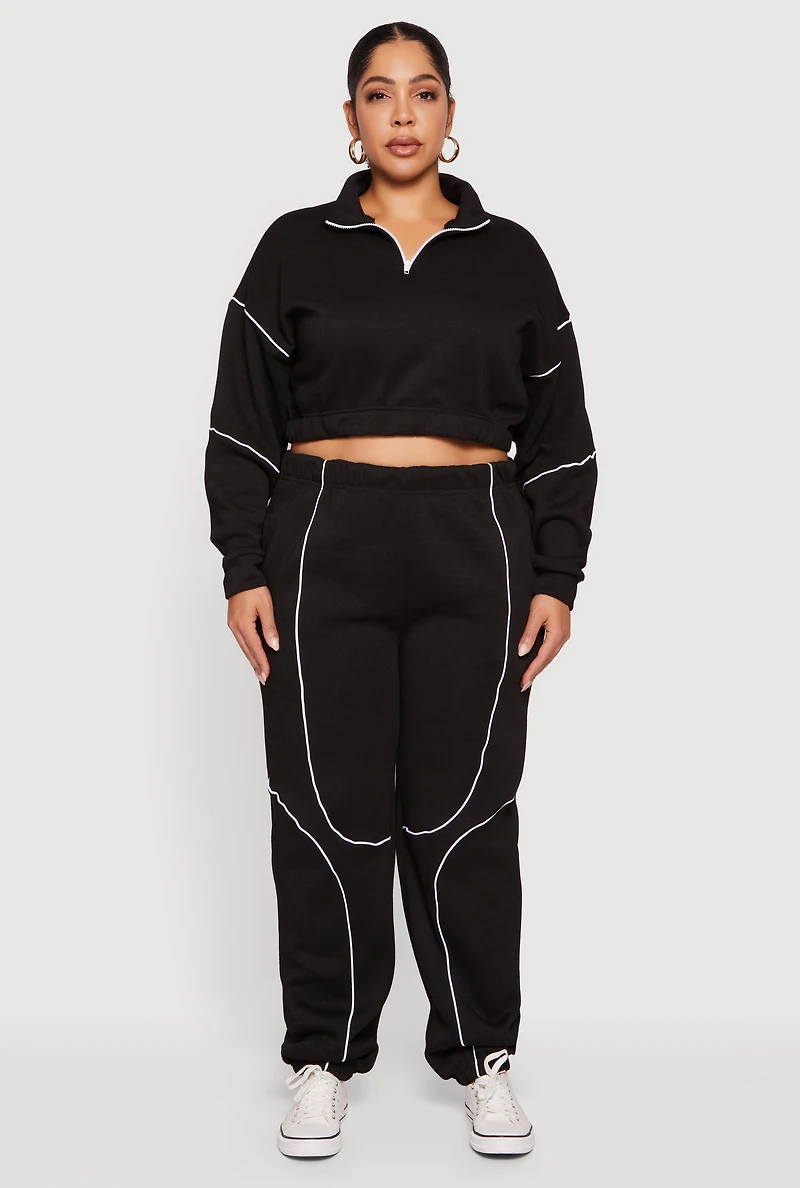 Womens Plus Cropped Zip Front Drop Shoulder Sweatshirt,