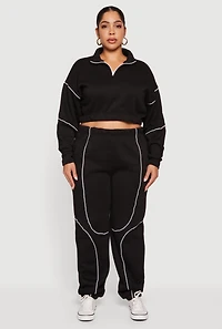 Womens Plus Cropped Zip Front Drop Shoulder Sweatshirt,