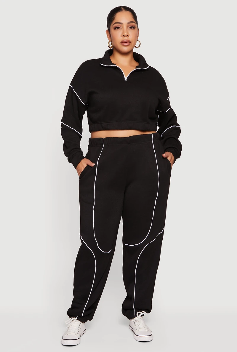 Womens Plus Size High Waisted Contrast Trim Piping Detail Joggers, Black, Size 3X