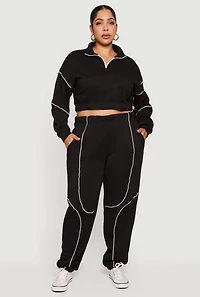 Womens Plus Size High Waisted Contrast Trim Piping Detail Joggers, Black, Size 3X