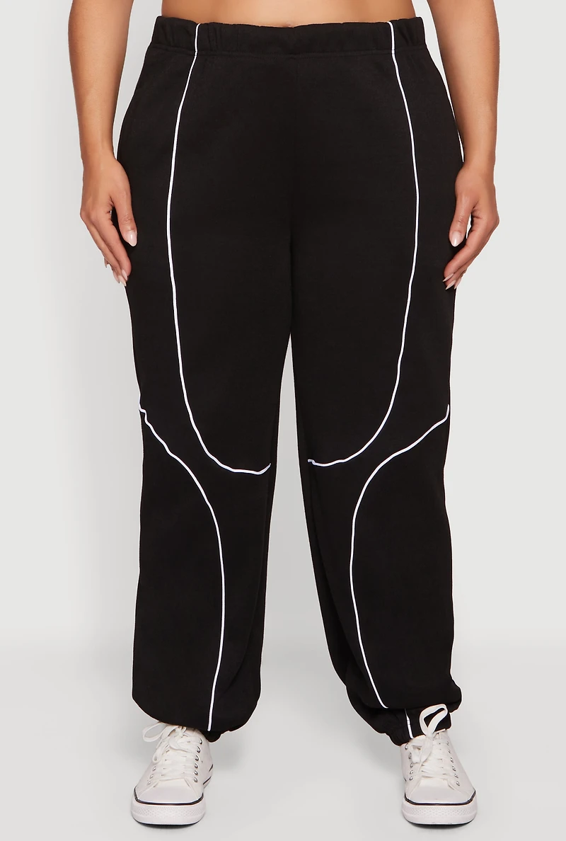 Womens Plus Size High Waisted Contrast Trim Piping Detail Joggers, Black, Size 2X