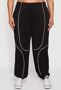 Womens Plus Size High Waisted Contrast Trim Piping Detail Joggers, Black, Size 3X