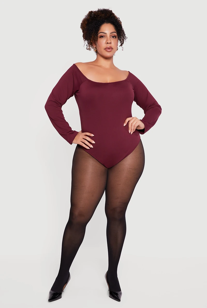 Womens Plus Size Boat Neck Long Sleeve Bodysuit, Burgundy, Size 1X