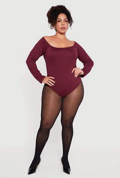 Womens Plus Size Boat Neck Long Sleeve Bodysuit, Burgundy, Size 1X
