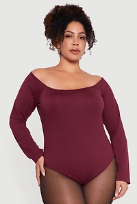 Womens Plus Size Boat Neck Long Sleeve Bodysuit, Burgundy, Size 1X