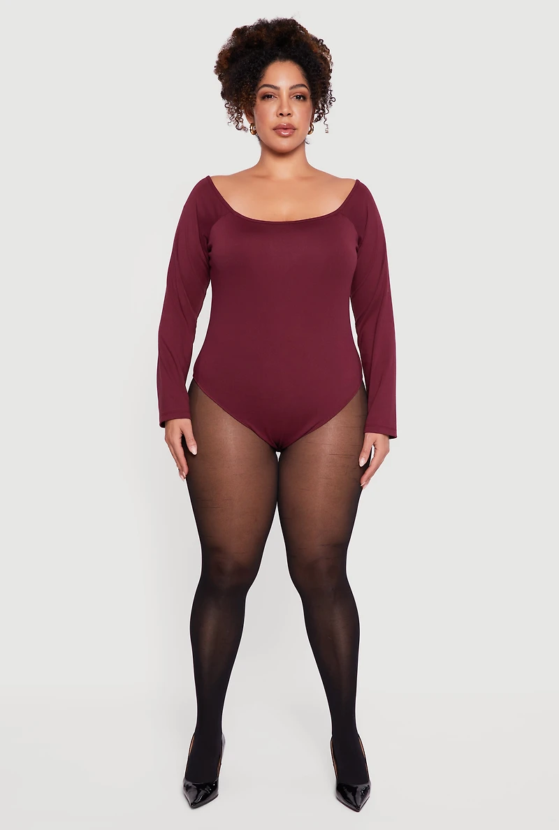 Womens Plus Size Boat Neck Long Sleeve Bodysuit, Burgundy, Size 1X