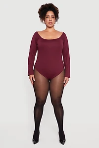 Womens Plus Size Boat Neck Long Sleeve Bodysuit, Burgundy, Size 1X