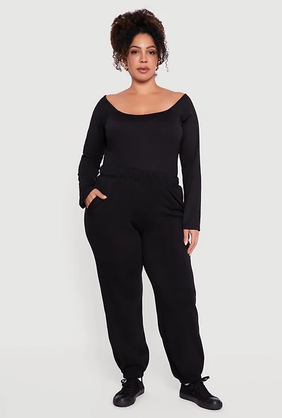 Womens Plus High Waisted Fleece Sweatpants with Pockets,