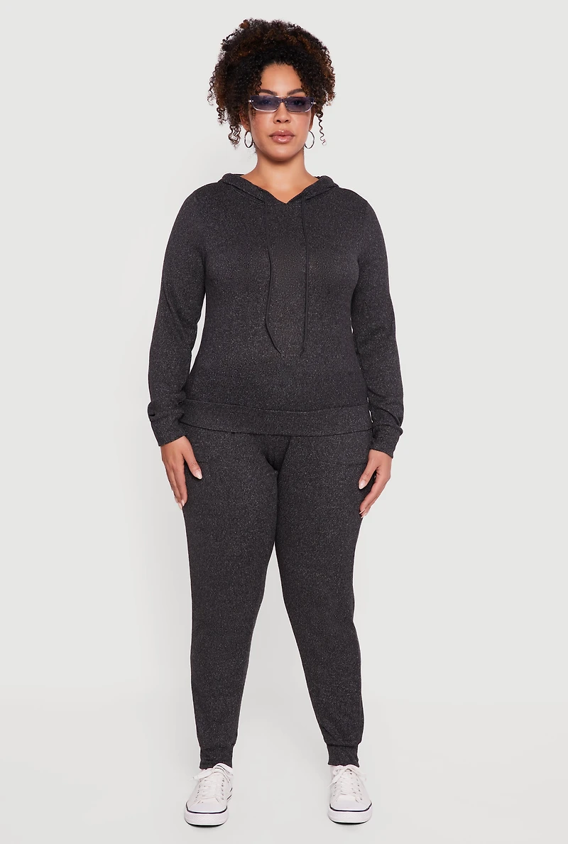 Plus Brushed Knit Drawstring Hooded Sweatshirt