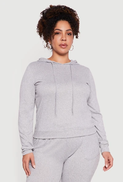 Womens Plus Size Brushed Knit Drawstring Hooded Sweatshirt, Grey, Size 3X