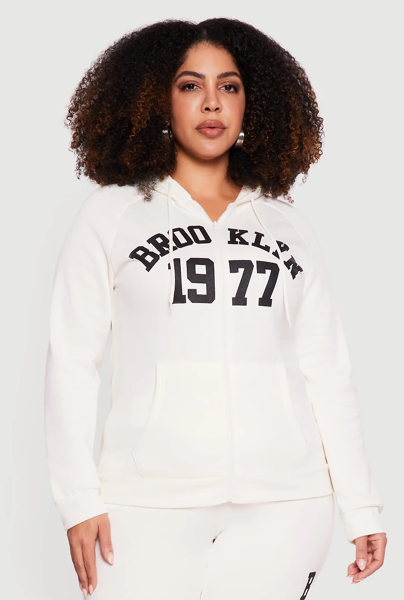 Womens Plus Size Brooklyn 1977 Zip Front Hoodie, White, Size 1X