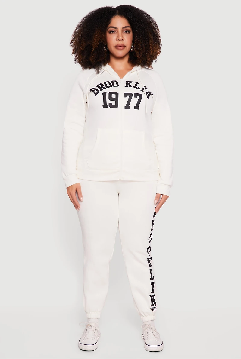 Womens Plus Size Brooklyn 1977 Zip Front Hoodie, White, Size 1X