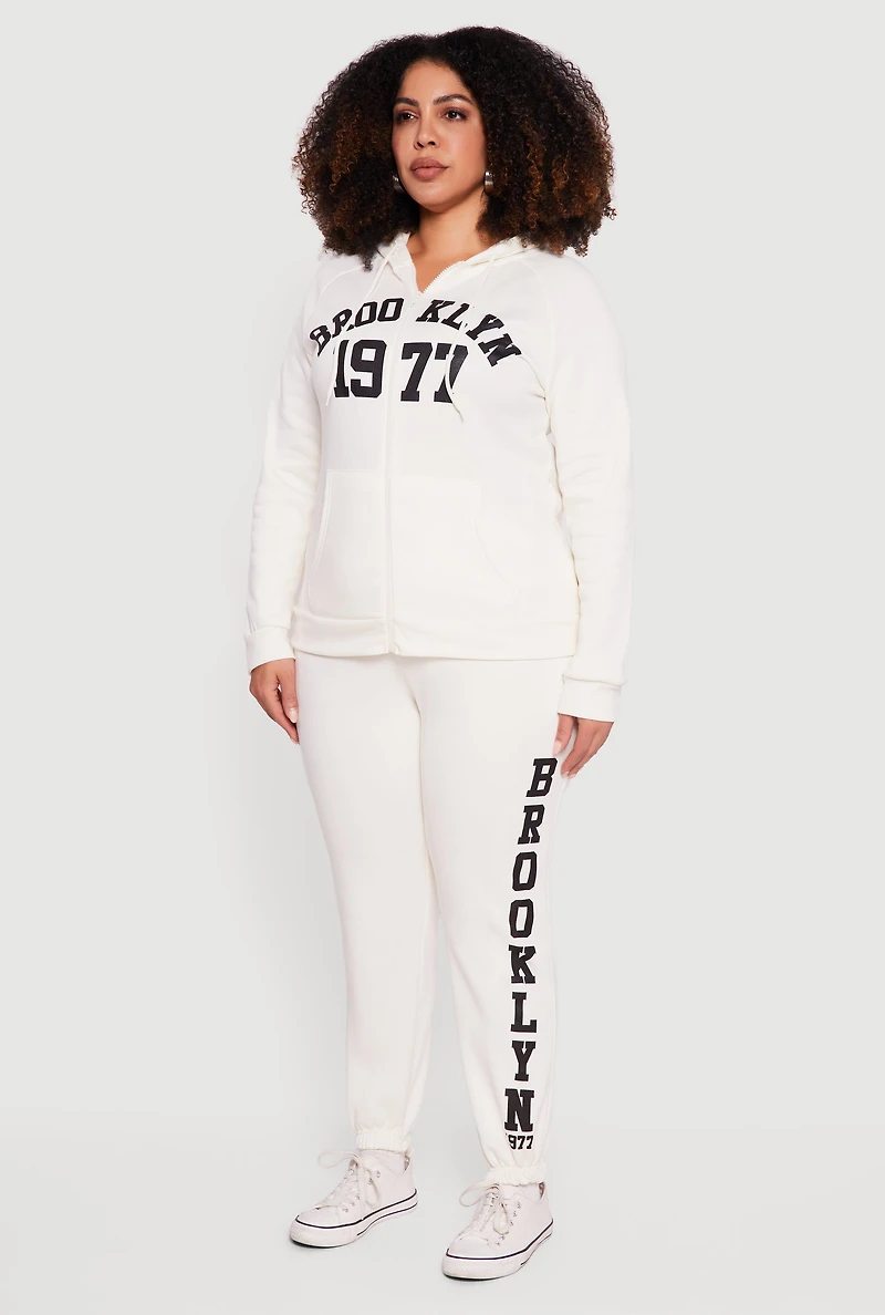 Womens Plus Size Brooklyn 1977 Zip Front Hoodie, White, Size 1X