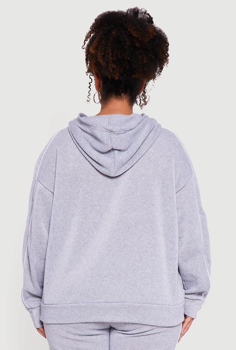Womens Plus Size Contrast Trim Hooded Sweatshirt, Grey, Size 1X