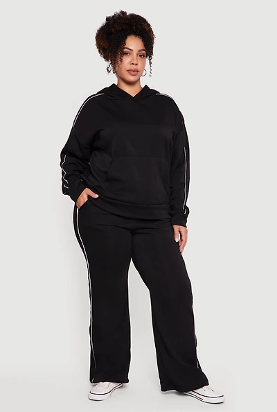 Womens Plus High Waisted Contrast Trim Flare Leg Sweatpants,