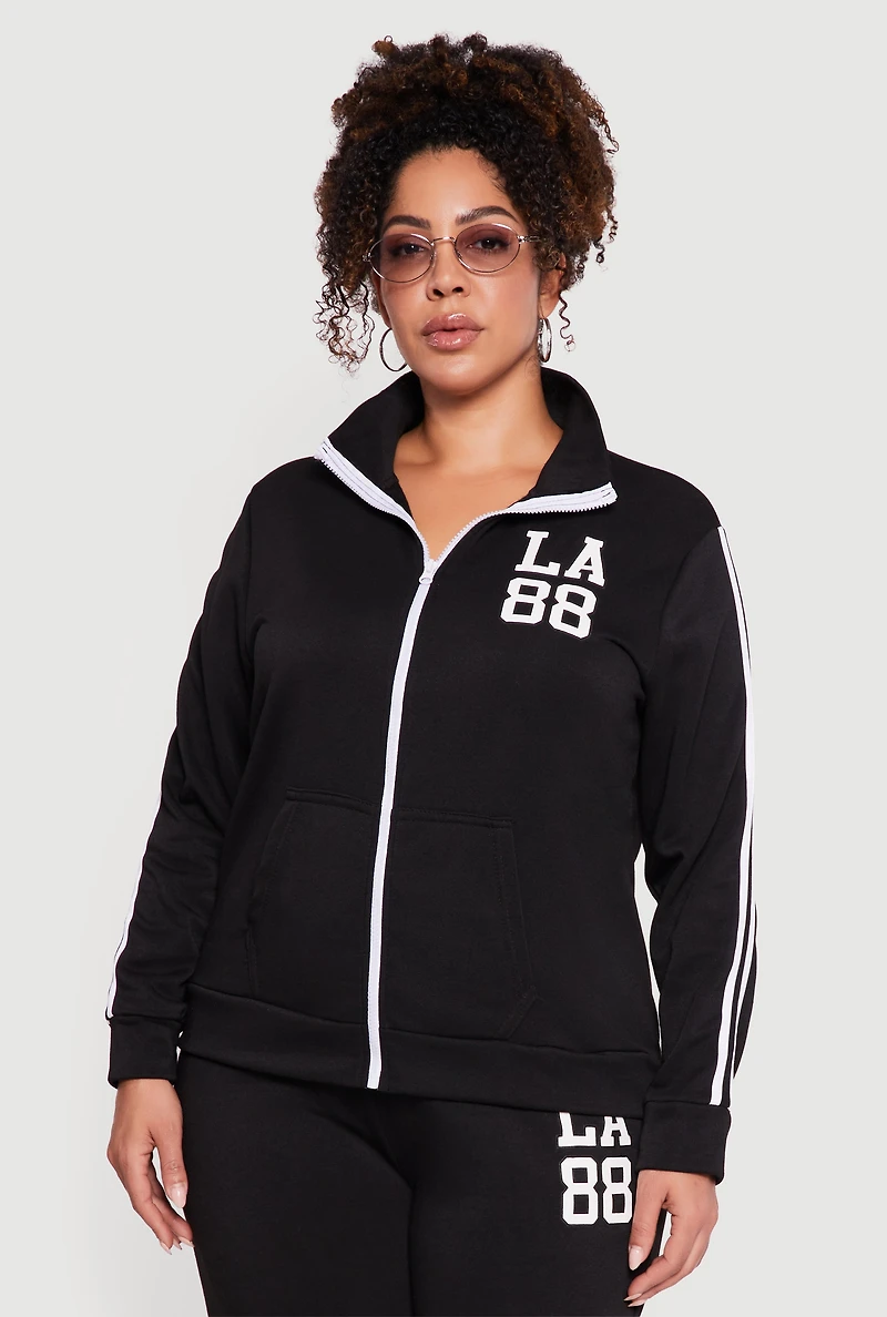 Womens Plus Size Varsity Stripe LA 88 Graphic Hooded Sweatshirt, Black, Size 2X