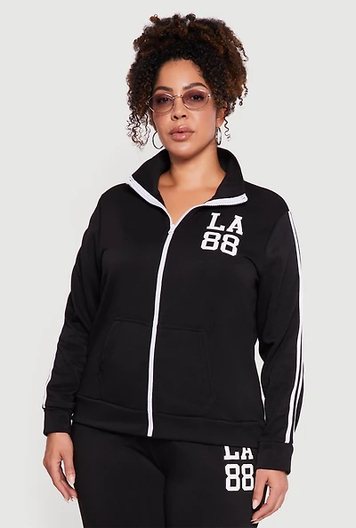 Womens Plus Size Varsity Stripe LA 88 Graphic Hooded Sweatshirt, Black, Size 2X