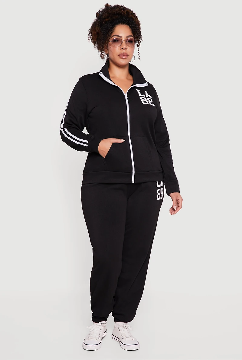 Womens Plus Size Varsity Stripe LA 88 Graphic Hooded Sweatshirt, Black, Size 2X