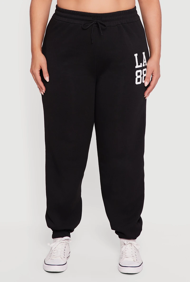 Womens Plus Size High Waisted LA 88 Graphic Sweatpants, Black, Size 1X