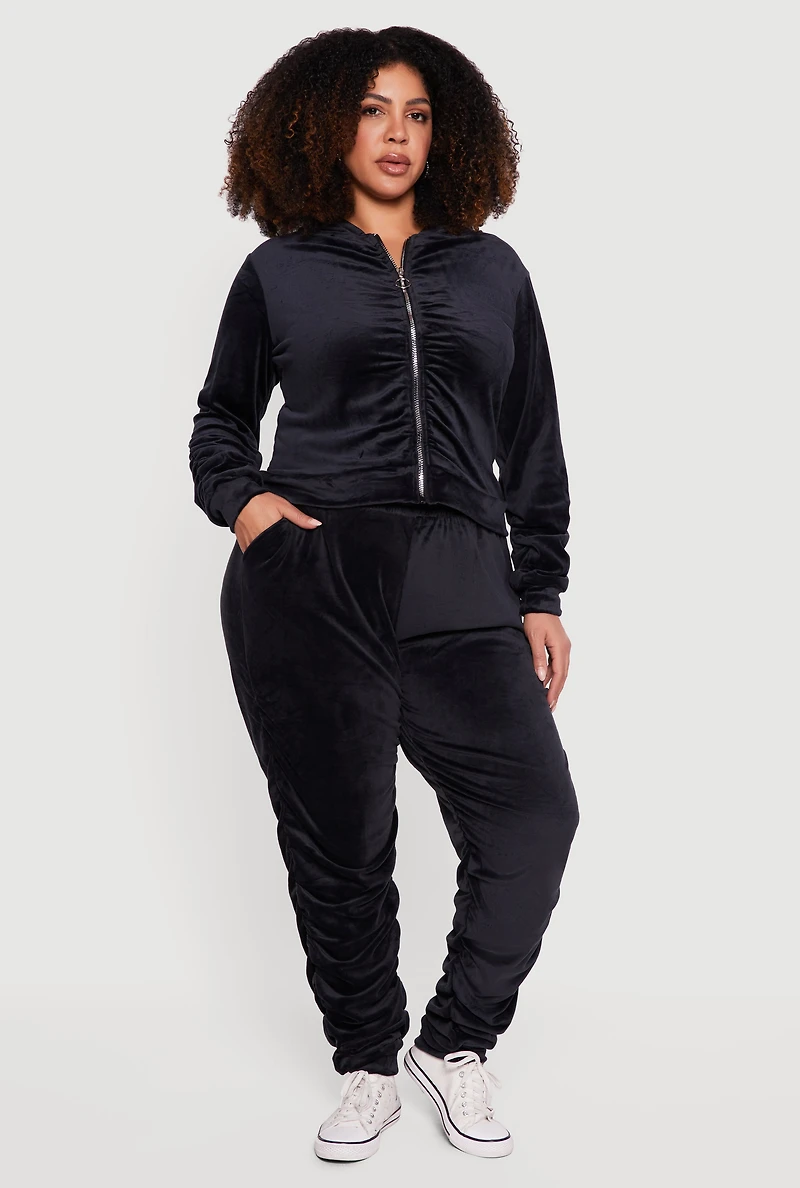 Plus Velour Ruched Zip Front Hooded Sweatshirt
