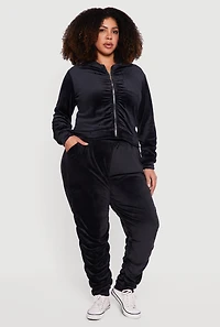 Plus Velour Ruched Zip Front Hooded Sweatshirt
