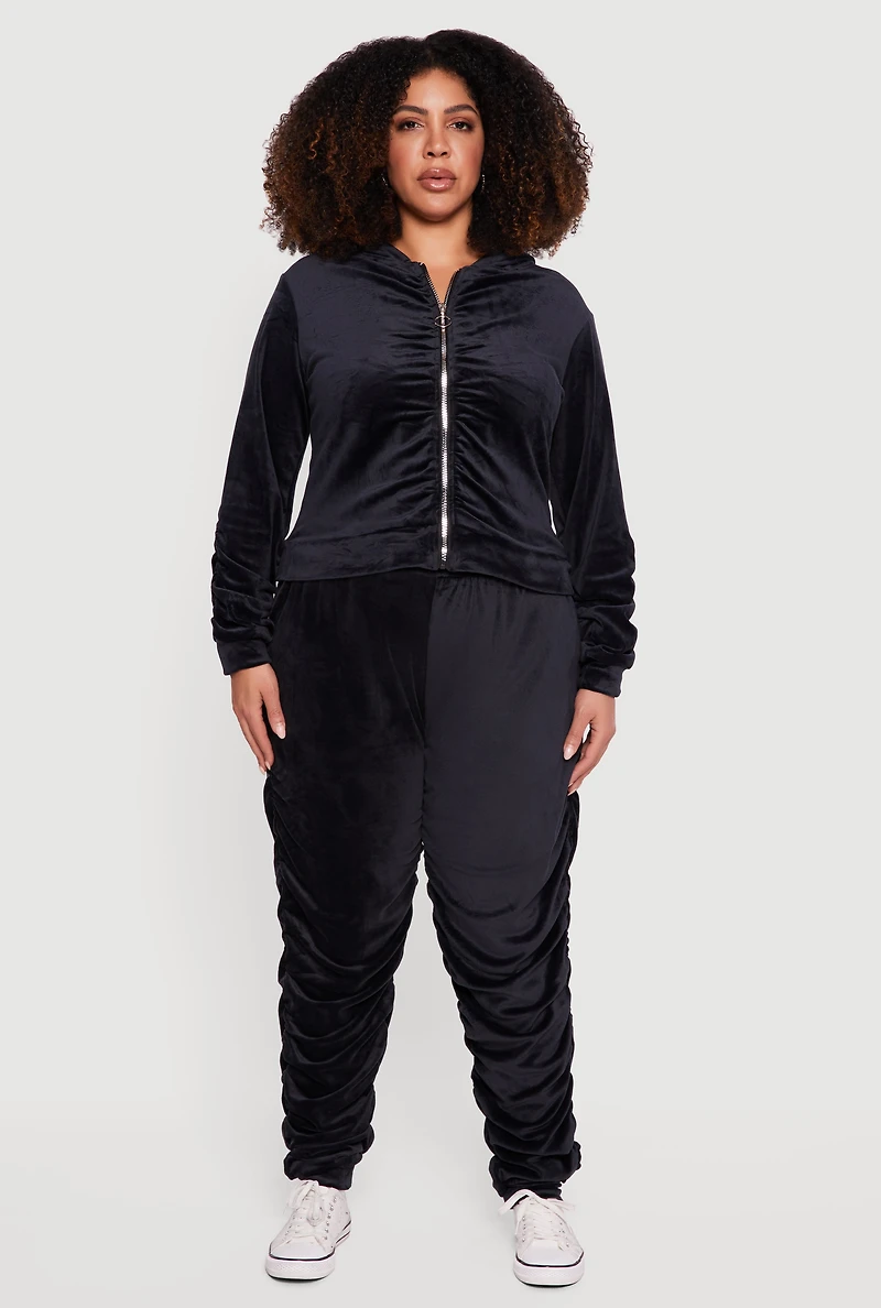 Womens Plus Velour Ruched Zip Front Hooded Sweatshirt,