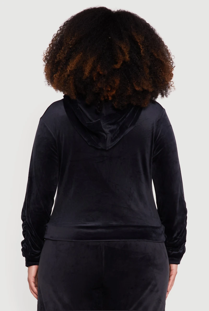 Womens Plus Velour Ruched Zip Front Hooded Sweatshirt,