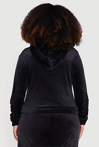 Womens Plus Velour Ruched Zip Front Hooded Sweatshirt,