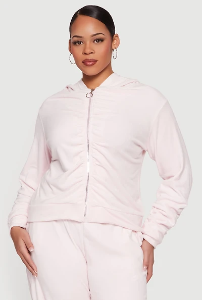 Plus Velour Ruched Zip Front Hooded Sweatshirt