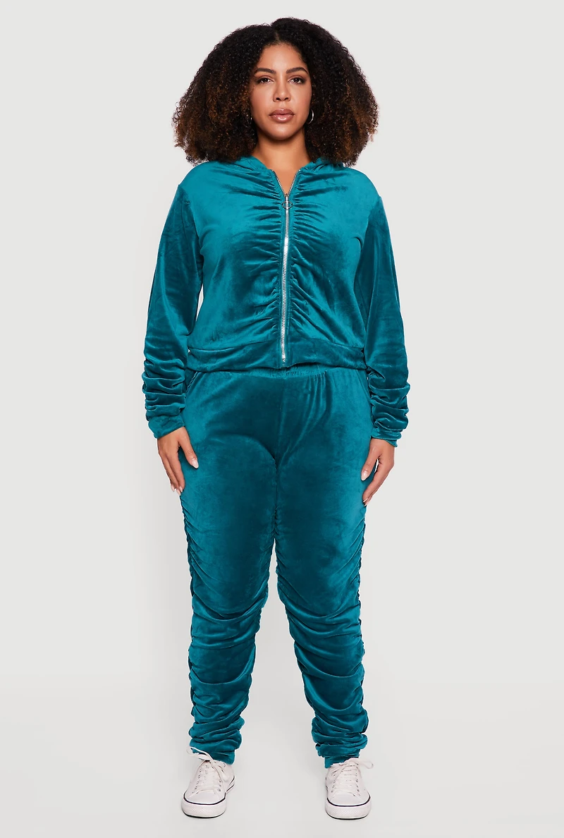 Womens Plus Velour High Waisted Side Ruched Joggers,