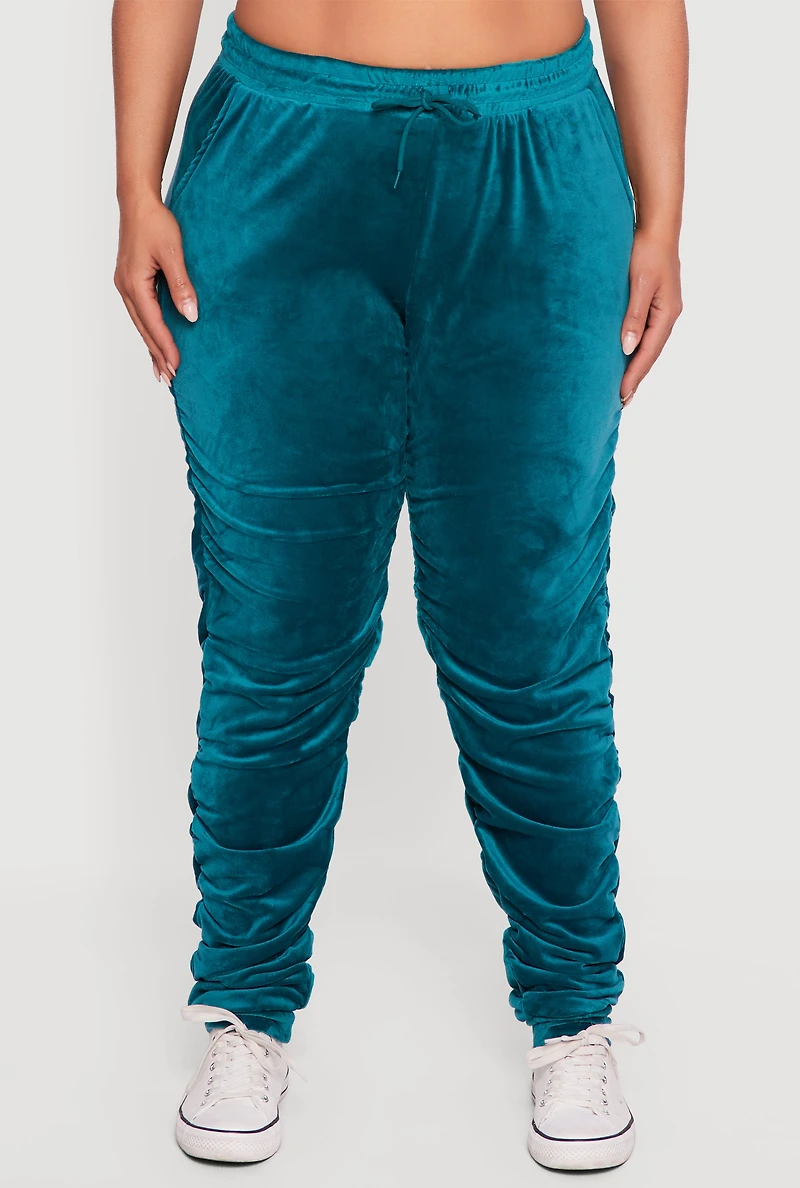 Womens Plus Velour High Waisted Side Ruched Joggers,