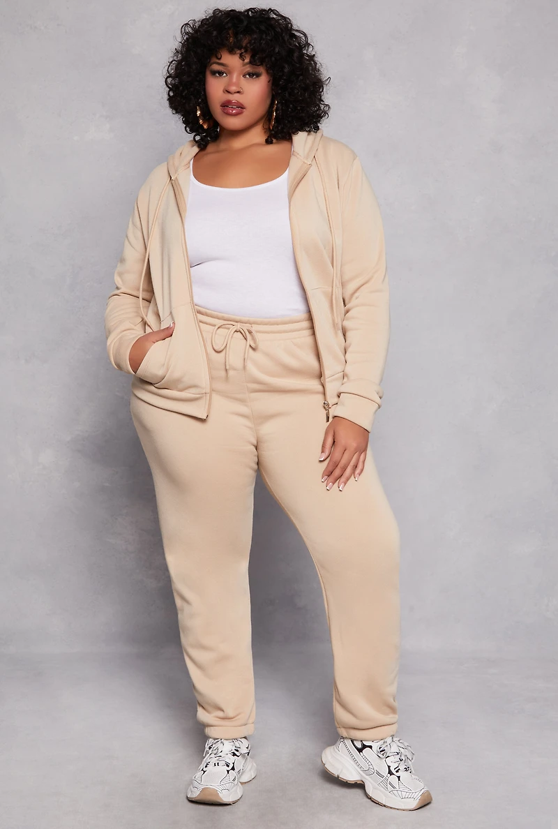 Womens Plus Size Fleece Lined Zip Front Hoodie, Beige, Size 1X
