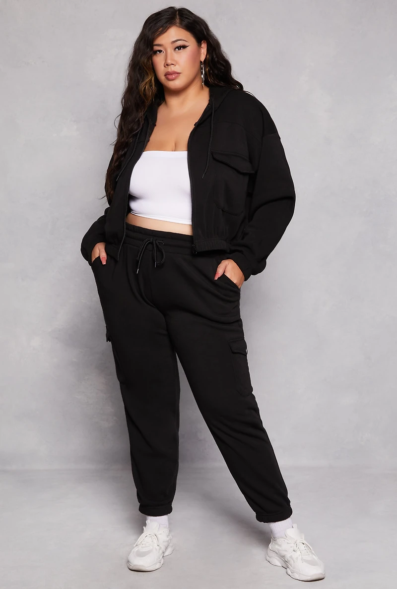 Plus Fleece Cargo Pocket Zip Front Hoodie