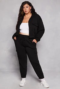 Plus Fleece Cargo Pocket Zip Front Hoodie